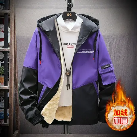 加绒夹克男韩版潮流工装加厚外套流行拼接潮牌ins加棉冬衣服秋装图片
