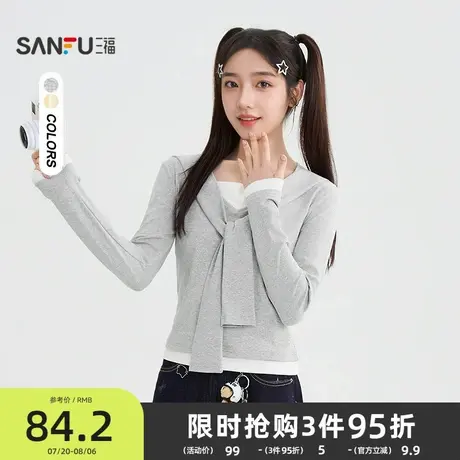 三福长袖上衣女2025新款秋季设计感绑带假两件短款t恤女装507620商品大图