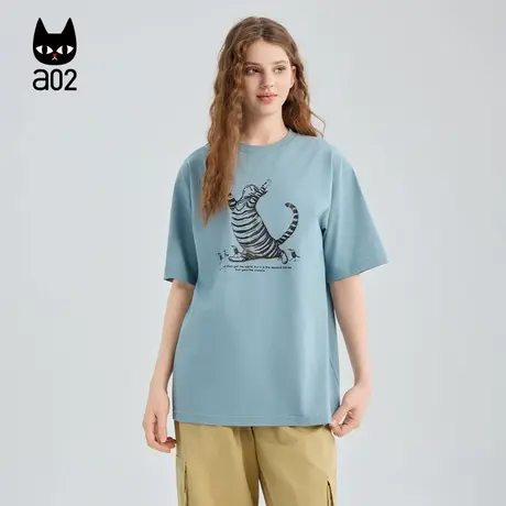 a02黑猫系列宽松圆领蓝色短袖T恤女2025秋季新款通勤穿搭上衣商品大图