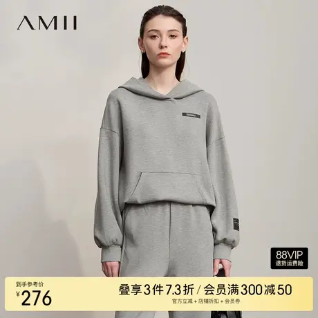 Amii2025秋新款连帽落肩袖印花空气层卫衣女宽松休闲格雷系上衣商品大图