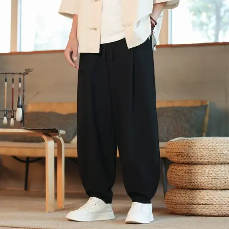 秋季弯刀裤亚麻裤男士春季宽松直筒阔腿休闲裤复古纯色大码灯笼裤商品大图