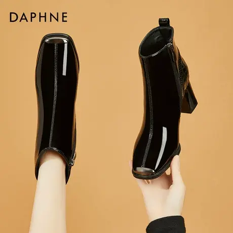 达芙妮漆皮瘦瘦靴女2026新款秋冬加绒短靴法式方头粗跟高跟马丁靴商品大图