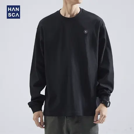 hansca 260g重磅黑色印花长袖t恤男春秋季宽松圆领纯棉百搭打底衫商品大图