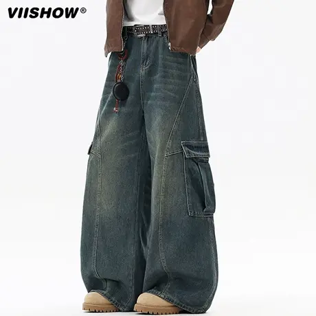 VIISHOW美式高街蓝色工装牛仔裤男2025新款爵士舞宽松弯刀阔腿裤商品大图