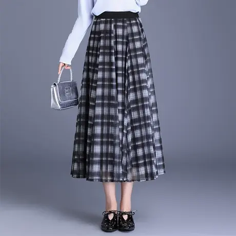 复古格子网纱裙半身裙女2025秋季新款气质显瘦百搭垂坠感a字裙子图片