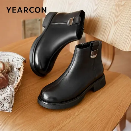 意尔康女靴2025新款冬季真皮短靴女加绒靴子粗跟切尔西靴中跟短筒图片