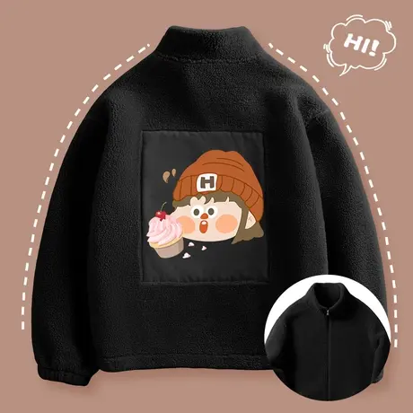 黑色羊羔绒拉链外套女款2023新款秋冬加绒加厚开衫卫衣小个子上衣商品大图