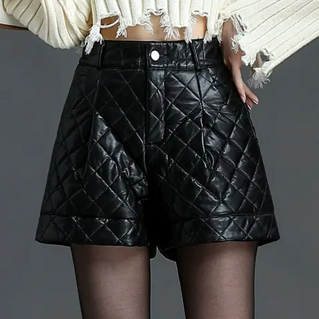 时尚加厚PU皮短裤女冬季2023新款宽松a字阔腿皮裤外穿休闲裤靴裤商品大图