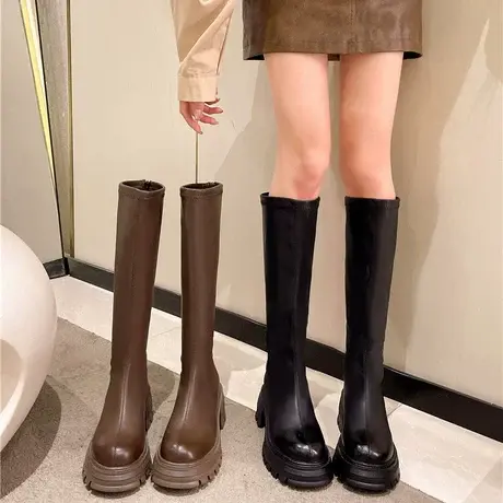靴子女2023新款法式复古长筒靴秋季粗跟高级感高跟ins显瘦骑士靴商品大图