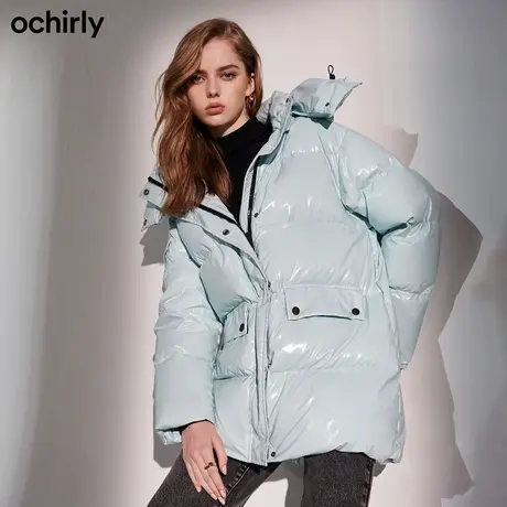 【首降】欧时力新款秋冬连帽亮面印花中长羽绒服外套女1NY433041F图片