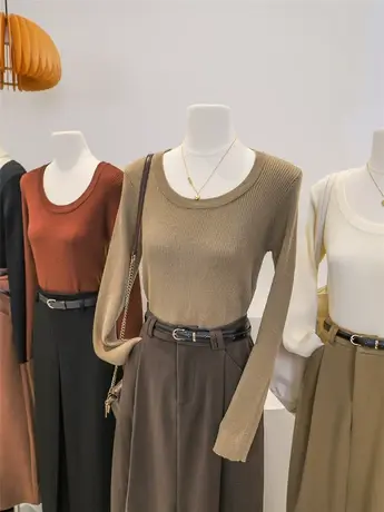 U领长袖针织打底衫女秋冬内搭高级感纯欲修身显瘦洋气长袖上衣图片