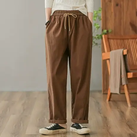 dza 高腰显瘦直筒阔腿裤子女秋冬新款宽松长裤纯棉松紧抽绳休闲裤商品大图