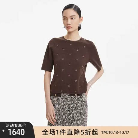 LANCY/朗姿桑蚕丝羊毛针织衫秋季新款短袖宽松圆领通勤女装商品大图