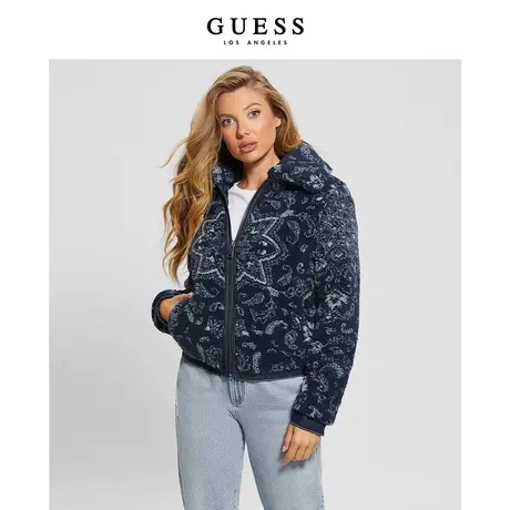GUESS23年新款秋女士经典毛绒时尚印花翻领棉服外套-W3BL56WFSH2图片