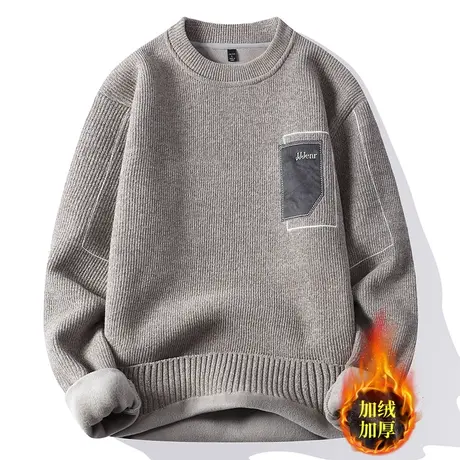 雪尼尔毛衣男加绒加厚秋冬季保暖圆领羊毛针织衫潮牌刺绣御寒上衣商品大图