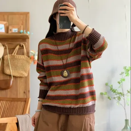 dza 复古粗条纹毛衣女秋冬洋气内搭打底衫半高圆领针织衫宽松上衣商品大图