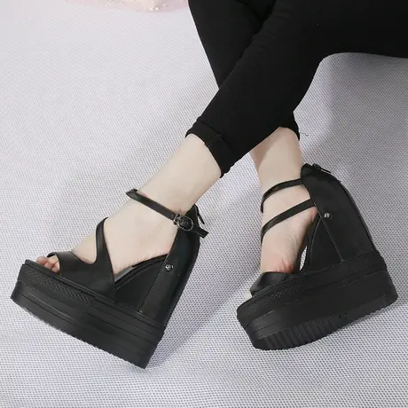 恨天高断码女鞋夏季坡跟凉鞋15CM防水台真皮夜店舞台一字带高跟鞋商品大图