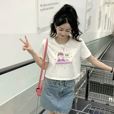 唐狮2023短款上衣女粉色童趣风夏季新款ins修身圆领短袖T恤衫甜x商品大图