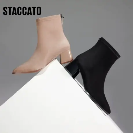 思加图冬季新款法式复古时装靴高跟瘦瘦靴棕色短靴S2573DD3B商品大图