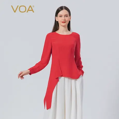 VOA30姆米重磅真丝做旧工艺圆领衬衫长袖不对称尖角摆桑蚕丝T恤衫图片