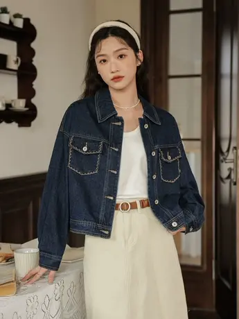 深蓝色牛仔外套女宽松短款春夏小香风刺绣上衣设计感小个子百搭潮图片