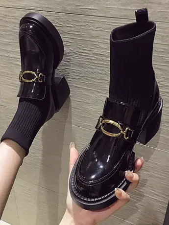 真皮乐福鞋女2023新款秋冬季时尚复古弹力瘦瘦靴粗跟防滑高跟袜靴图片