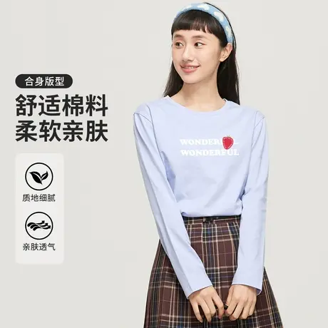 真维斯Z+女装 小清新可爱印花长袖t恤秋季纯棉正肩版型打底衫X图片