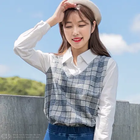 桔熊春秋季假两件套上衣女装韩系气质格子背心拼接衬衫大码AB8134商品大图