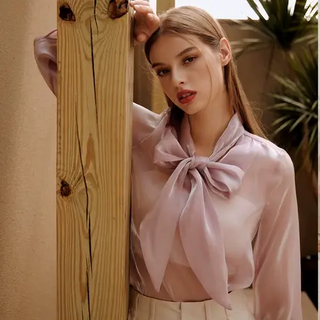 桔熊秋冬气质蝴蝶结绑带立领光泽感微透肤打底衬衫女大码AB18981商品大图