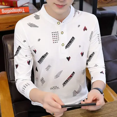 秋季男士t恤潮流立领男装青年修身休闲纯棉长袖打底衫男装Polo衫商品大图