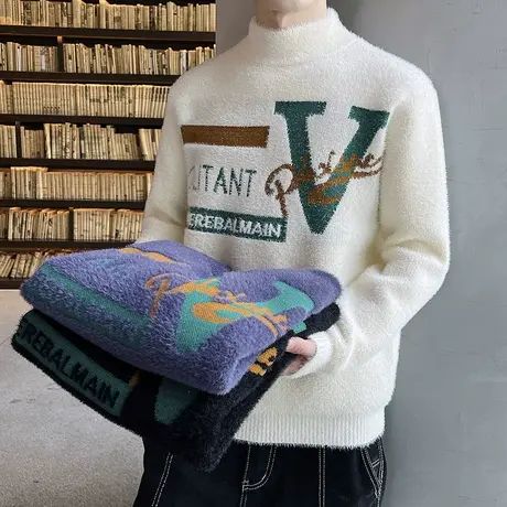 秋冬季半高领男士毛衣潮流提花字母个性水貂绒打底针织衫学生外套商品大图