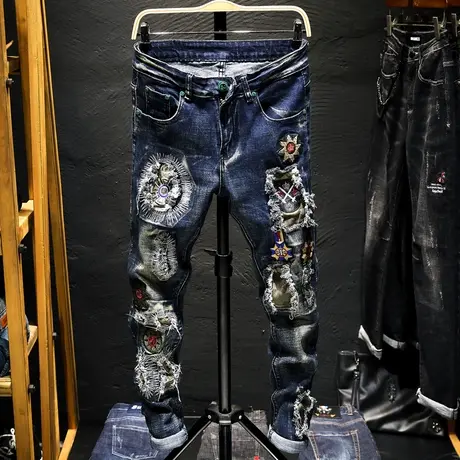 夏季潮牌破洞牛仔裤男修身小脚乞丐裤子男刺绣花裤子国潮机车朋克商品大图