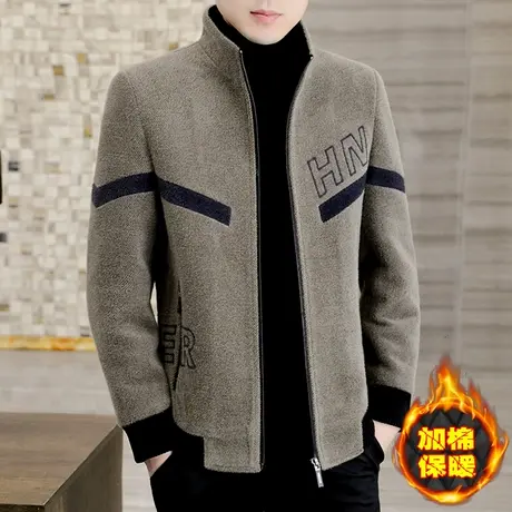 冬季金貂绒加厚保暖外套夹克潮男士立领帅气加绒休闲短款毛呢风衣商品大图
