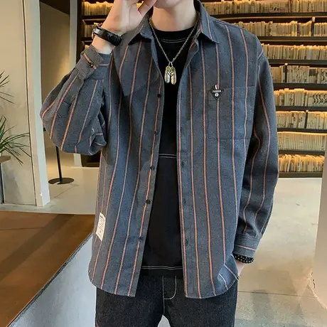 条纹长袖衬衫男士秋季韩版潮流休闲格子衬衣港风日系帅气上衣外套商品大图
