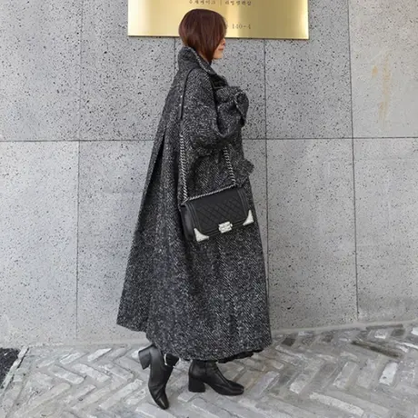 2018春新人字纹毛呢外套中长款chic呢子格纹大衣女冬韩版加厚外套商品大图