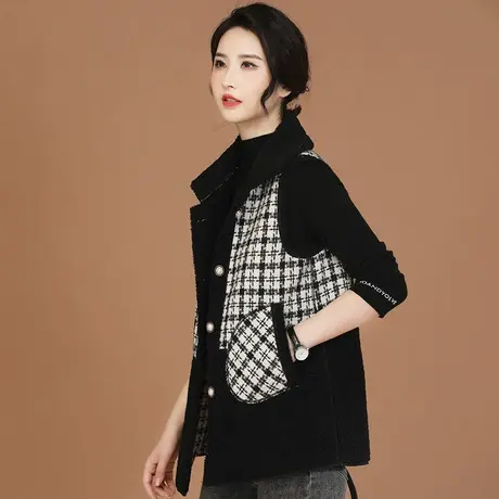 韩潮袭人气质中长款格子拼羊羔毛马甲女冬季新款马夹外套坎肩图片