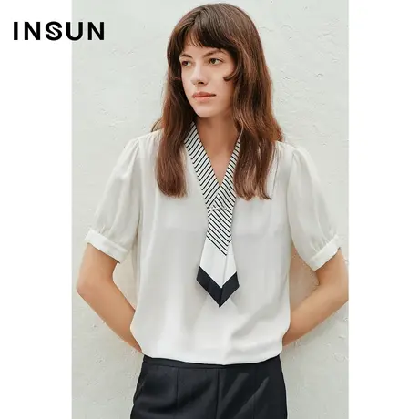 INSUN恩裳线上专选夏季丝巾领复古泡泡袖衬衫商品大图