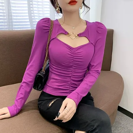 性感短款打底衫女内搭洋气辣妹镂空上衣春秋新款高腰紧身T恤长袖商品大图