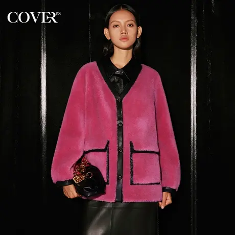 COVER冬季皮毛一体拼缝撞色毛呢外套图片
