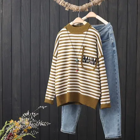 半高领条纹毛衣女2022秋冬新款拼色针织衫宽松套头内搭打底衫上衣图片