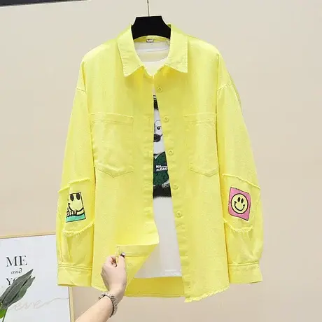 韩国个性袖子笑脸印花衬衣2023春装宽松中长款长袖衬衫外套女上衣商品大图