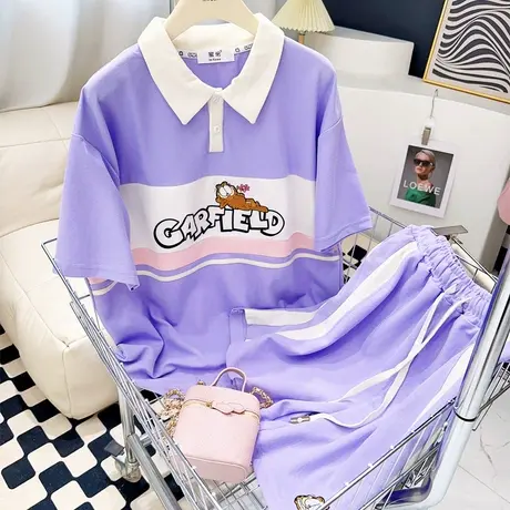 夏季韩版时尚休闲套装Polo衫短袖上衣阔腿中裤两件套宽松遮肉欧货商品大图