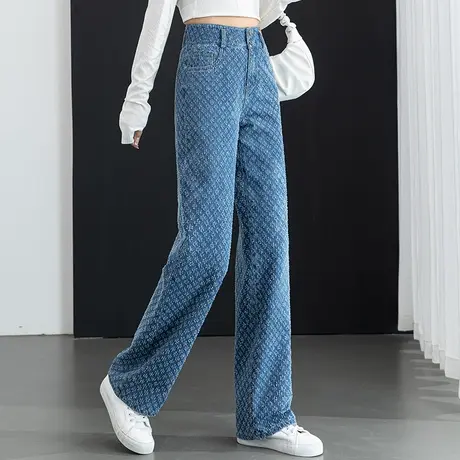 高腰窄版阔腿牛仔裤女2023年新款春季女裤宽松拖地长裤绣花直筒裤商品大图