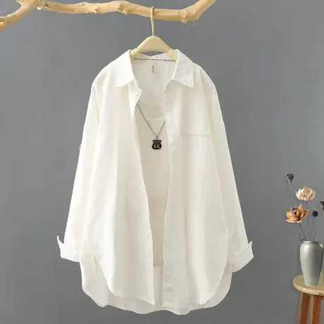 春季2024新品简约中长款纯棉长袖衬衫女宽松外套衬衣薄开衫上衣服商品大图