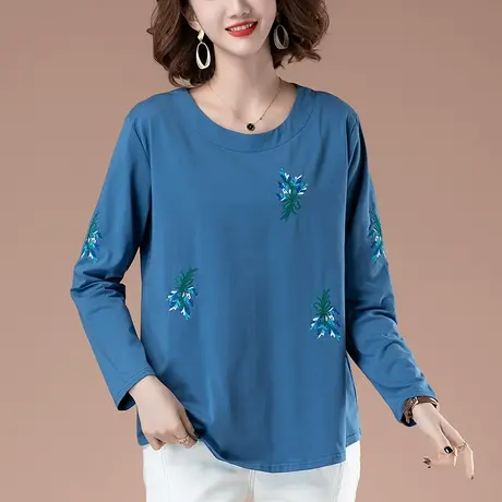 春季加肥加大码女装宽松长袖t恤中年妈妈纯棉刺绣百搭显瘦打底衫商品大图