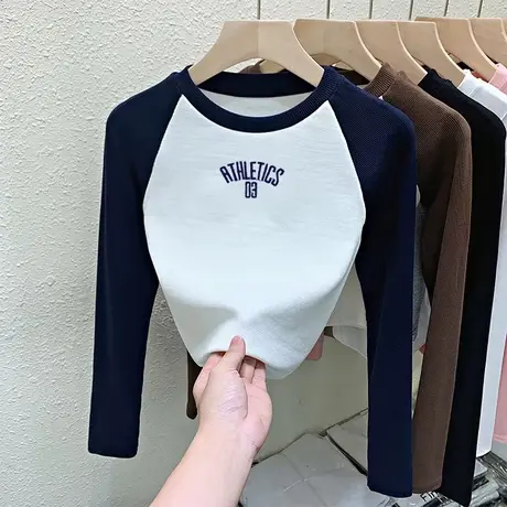 秋季2024新款女装欧货正肩T恤长袖撞色修身打底衫内搭短款上衣潮商品大图