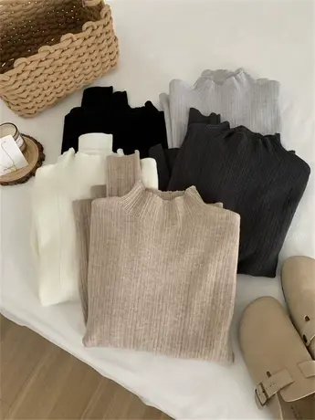 温柔百搭软糯高弹坑条立领针织衫女秋冬新款内搭修身显瘦套头毛衣图片