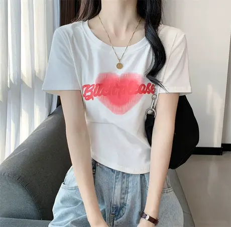 打底衫女春夏2023新款内搭显瘦黑色印花短袖T恤小众别致上衣服图片