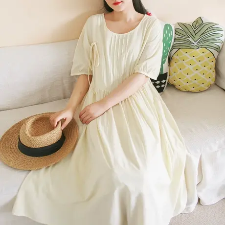 夏新品全棉绑带设计短袖连衣裙加大码法式圆领长裙商品大图