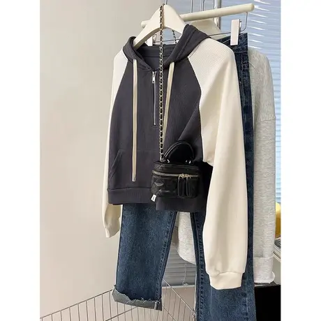 ins超火拼色半拉链连帽卫衣女春秋薄款宽松短款长袖上衣潮牌外套图片